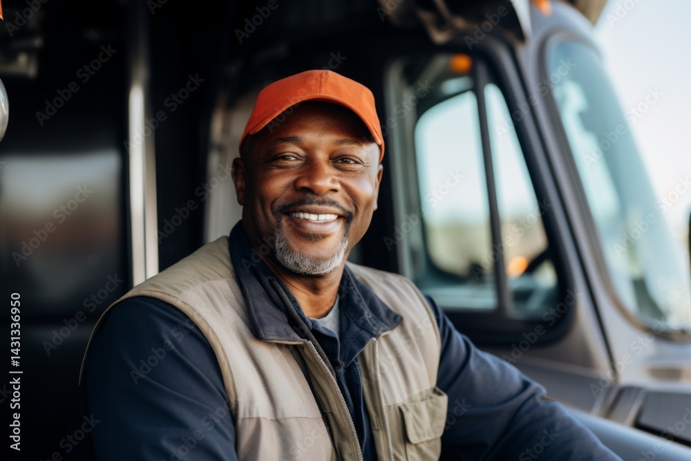 Smiling portrait of a middle aged African American male trucker in the USA Smiling portrait of a middle aged African American male trucker in the USA