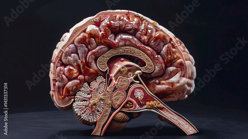 A detailed 3D illustration of a human brain with highlighted areas of inflammation, shown in a transparent view against a black background