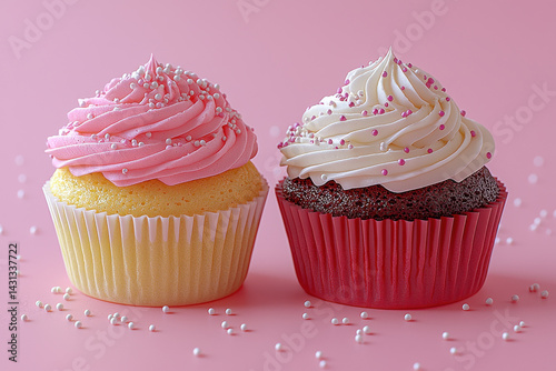 Two colorful cupcakes with pink and white frosting pink background
