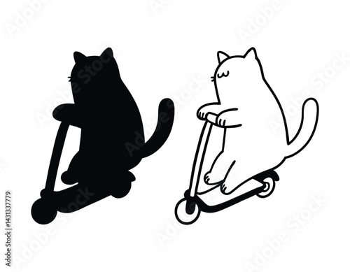 Silhouette of a Cat Riding a Scooter, Fun and Unique Illustration.