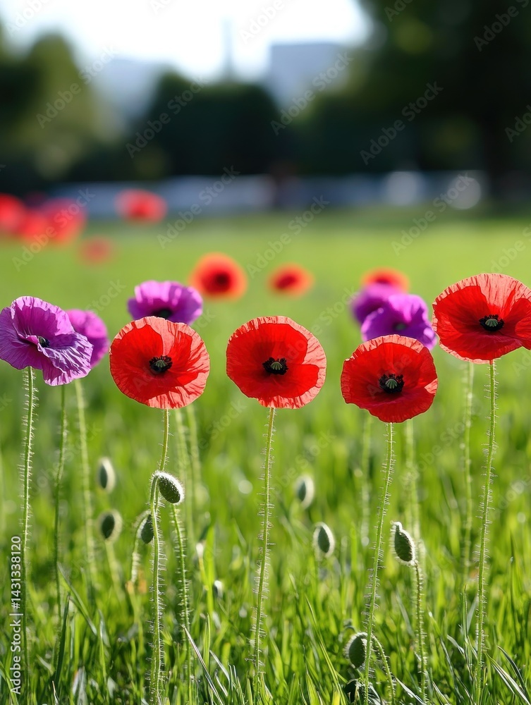 Flags and Poppies on Graves in Veterans' Cemetery, Symbolizing Remembrance