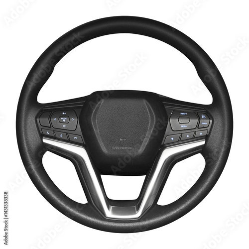 Obraz na płótnie Car steering wheel leather covered chrome color button technology isolated on background