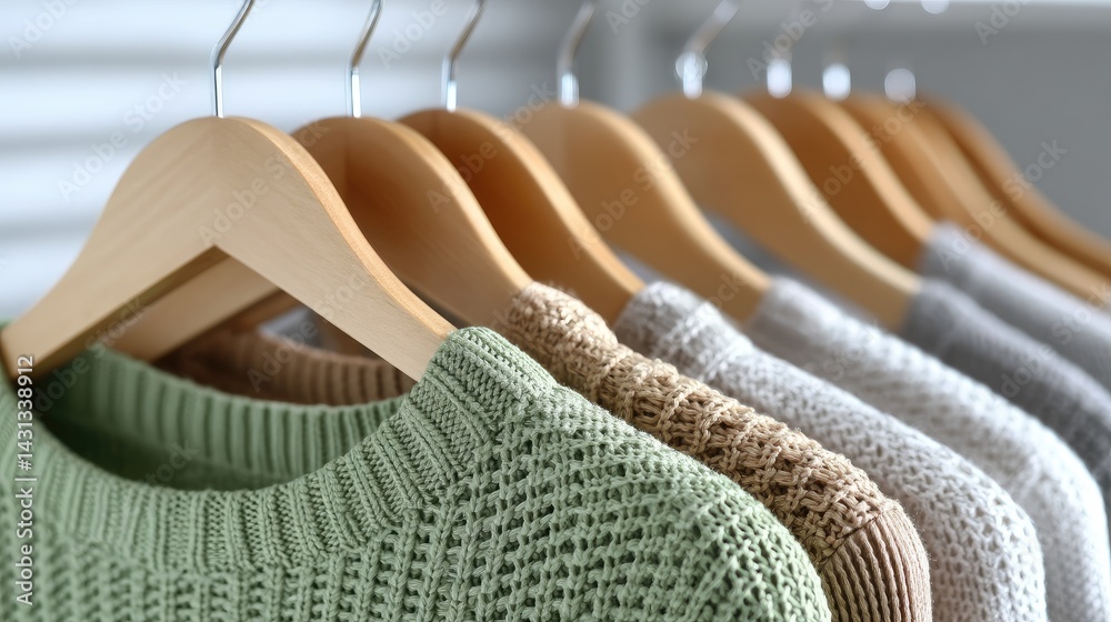 Soft pastel sweaters on wooden hangers create a calming, minimalistic closet with plenty of white space