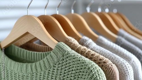 Obraz na płótnie Soft pastel sweaters on wooden hangers create a calming, minimalistic closet with plenty of white space w salonie