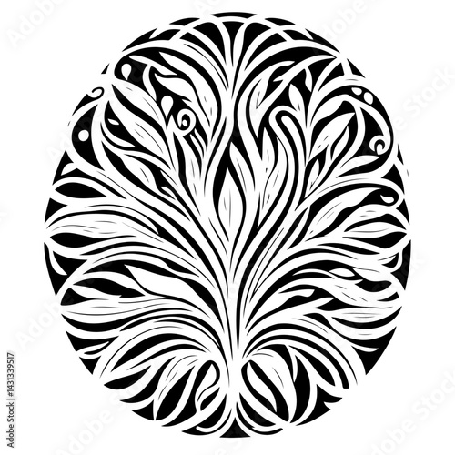 Stylized organic pattern in an oval shape, evocative of growth and vitality