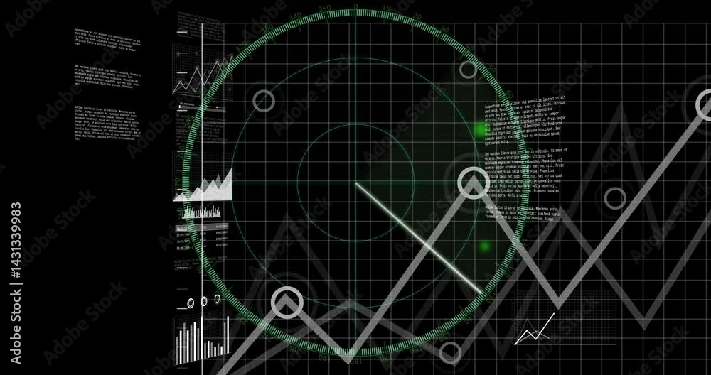 Central radar display being animated in virtual HUD environment, showing green blips and charts Central radar display being animated in virtual HUD environment, showing green blips and charts