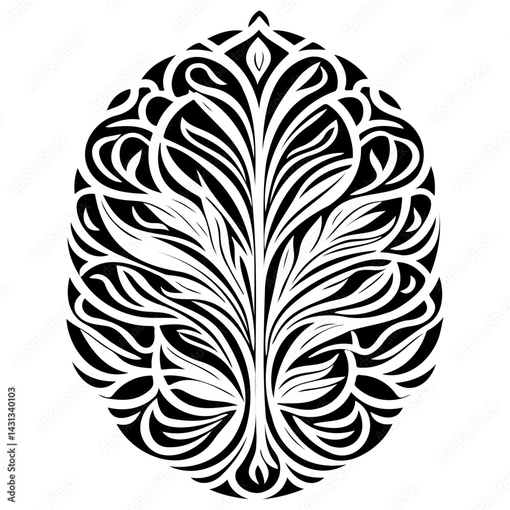 Obraz premium Abstract ornate symmetrical leaf design in black and white graphic illustration