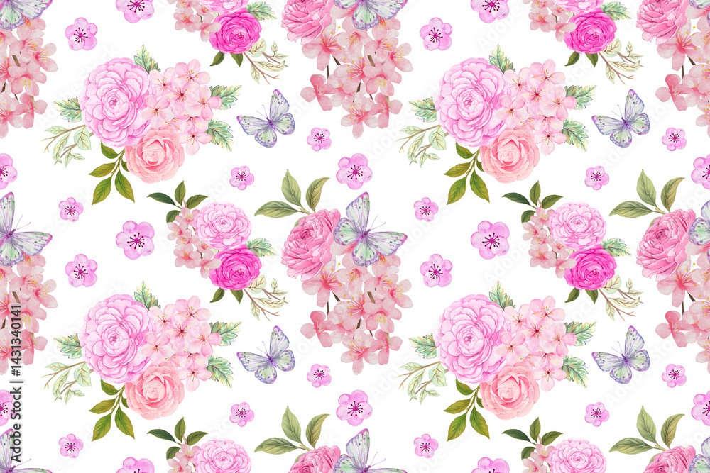 Fototapeta premium Hand painting seamless background pattern inspired by chinese Korean and Japan kimono chinoseries style
