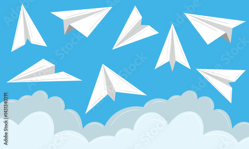 Origami paper plane set in the blue sky with clouds. Hand drawn vector illustration in flat style. Concept of delivery, travel, vacation, tourism. Web icons for message, mail, correspondence, origami