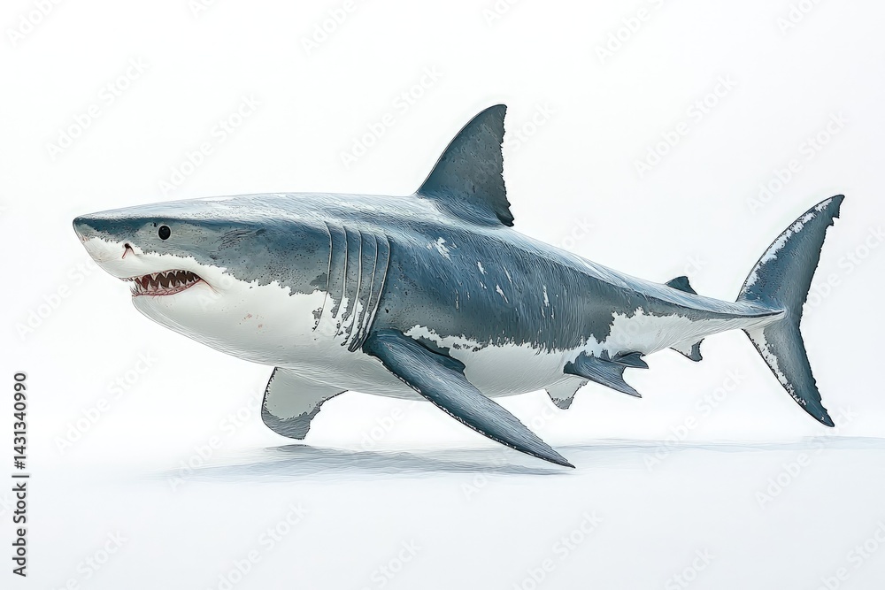 Fototapeta premium Shark with open mouth showing teeth isolated on white background.