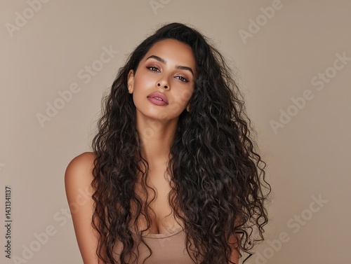 Beautiful girl with long curly hair posing on white background, high detail stock with copy space, perfect for website mockup, hairstyle showcase, and hair salon service.