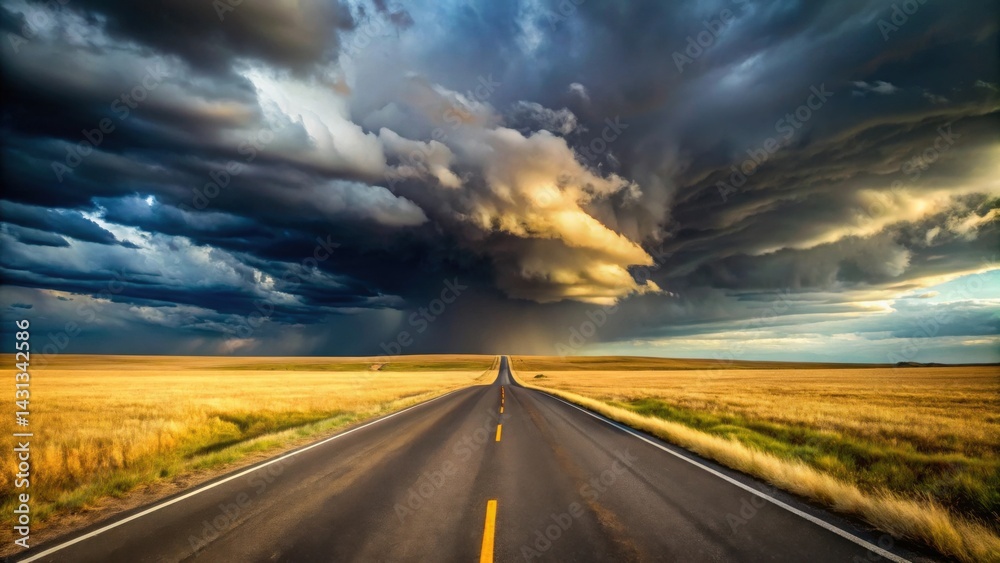 Fototapeta premium Asphalt ribbon stretching towards a dramatic sky, a vast golden field flanking its path, under a breathtaking display of nature's power.