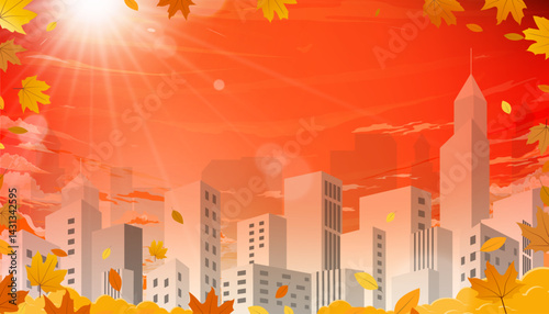 Autumn background,Landscape Sunset sky, cloud on orange background over cityscape with sunlight reflection on buildings,Vector cartoon aerial view skyscrapers with maple leaves flying in Fall season