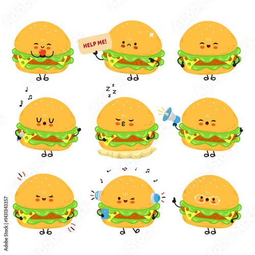 Collection of nine adorable cartoon Burgers with various expressions and engaging actions, perfect for playful designs.