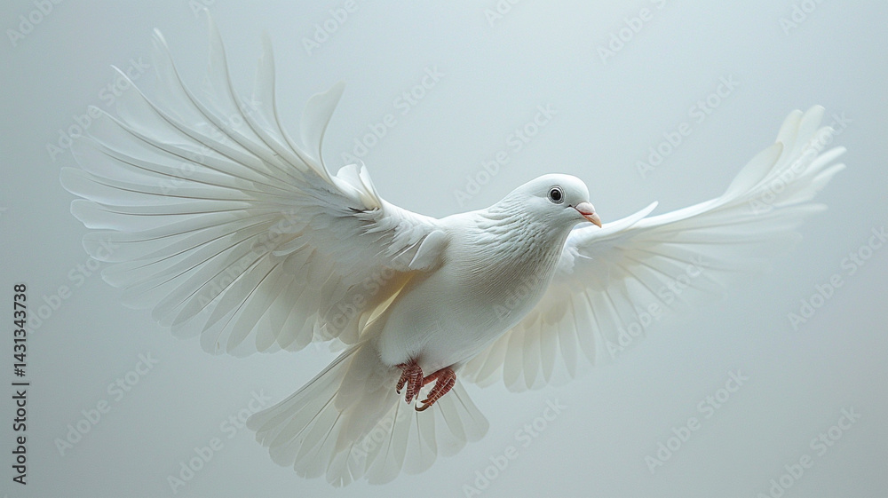 Fototapeta premium A pristine white dove in flight, wings outstretched, against a muted background.