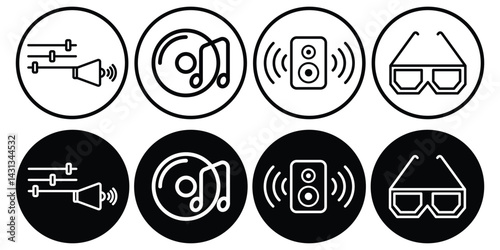 Home entertainment, cinema hall icon set with sound music note speaker glasses audio control elements vector illustration in circular frame design.