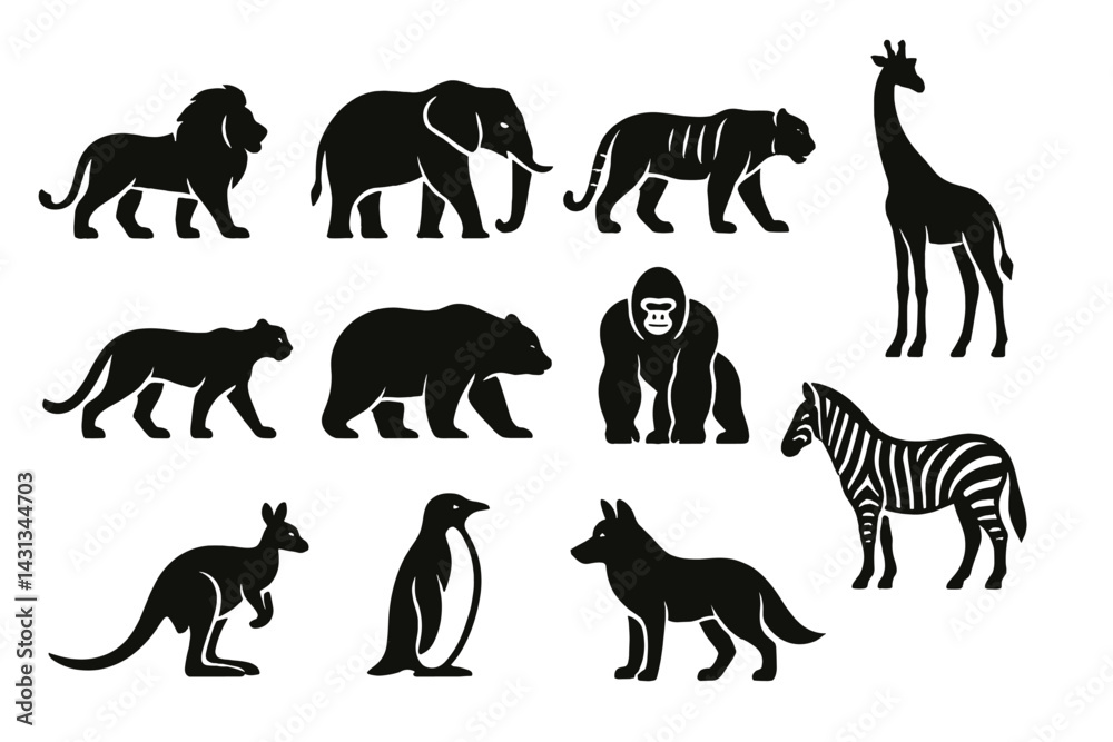 Naklejka premium Various animal icons illustrated in a minimalistic black silhouette style showcasing different species and forms