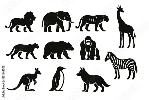 Various animal icons illustrated in a minimalistic black silhouette style showcasing different species and forms