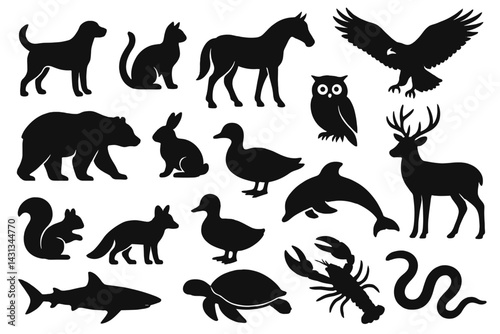 Animal icon set displaying various wildlife and pets in a stylish silhouette design for creative projects