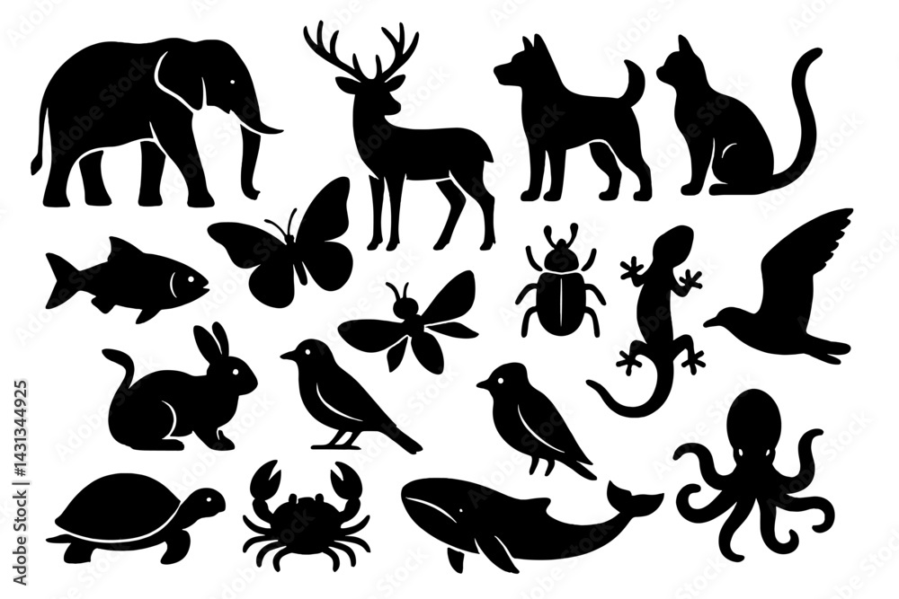 Fototapeta premium Collection of animal icons featuring diverse species including mammals, birds, and insects in a simple black silhouette design