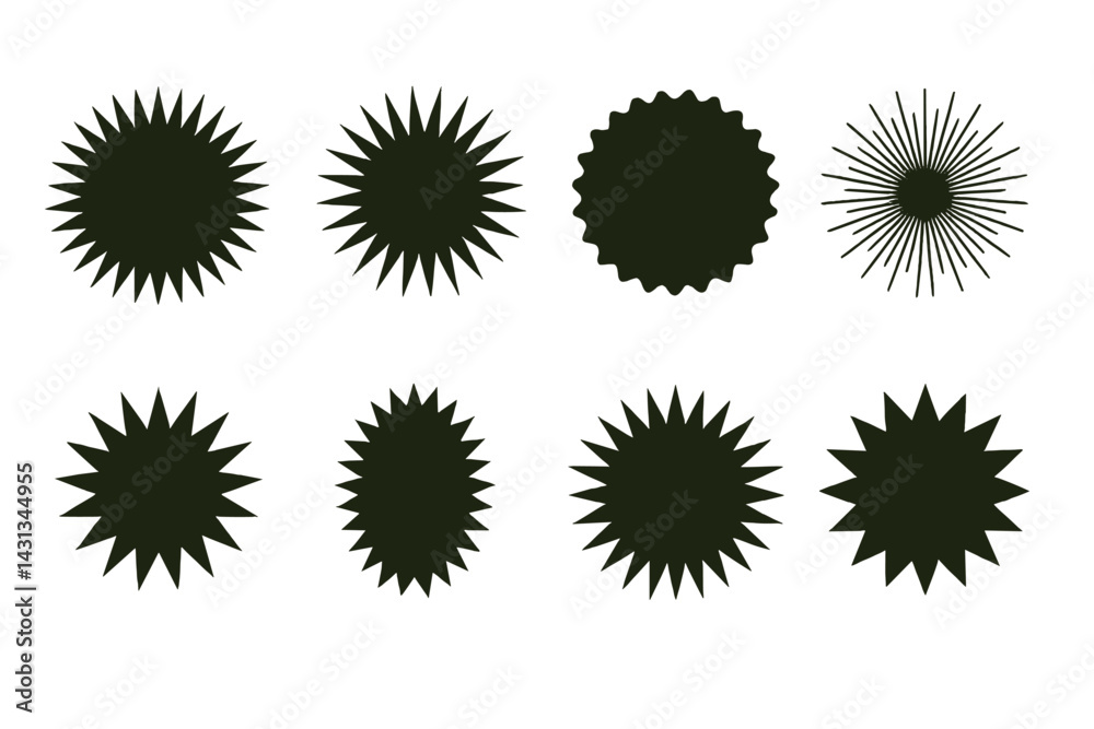 Icon set featuring a variety of starburst and sunburst shapes suitable for graphic design projects