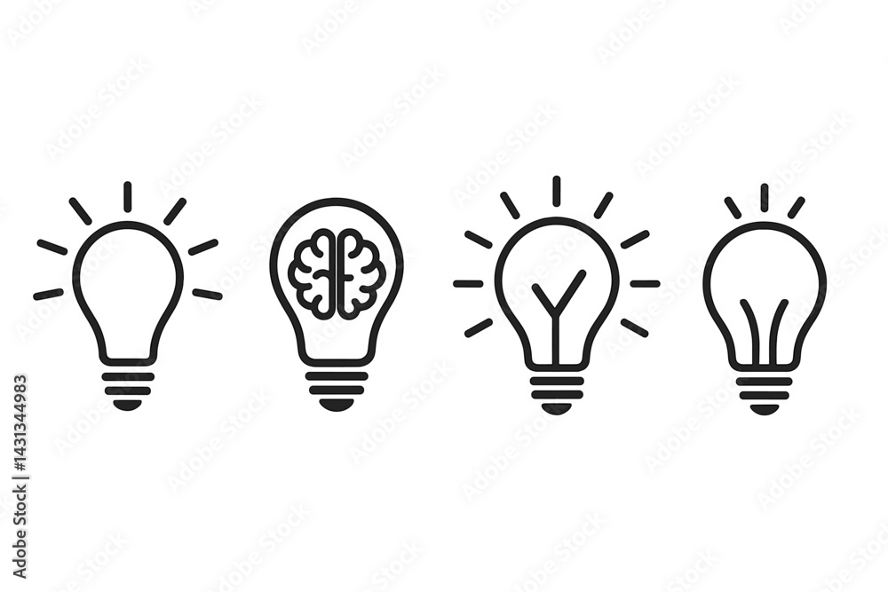Creative icon set showcasing light bulbs with diverse designs highlighting ideas, innovation, and inspiration Creative icon set showcasing light bulbs with diverse designs highlighting ideas, innovation, and inspiration