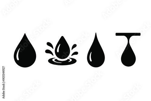 Icon set depicting various water droplet shapes and splash effects in a minimalist design suitable for applications and graphics
