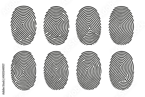 Unique fingerprint icon set showcasing various patterns and designs for user interface applications and graphic design projects