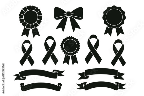 Collection of black icon set featuring ribbons, bows, and award badges for diverse design applications