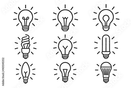 Diverse light bulb icons showcasing various designs and energy types in a clean, minimalist style