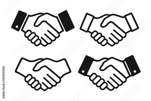 Four diverse handshake icons representing agreement, partnership, and collaboration using simple black and white design