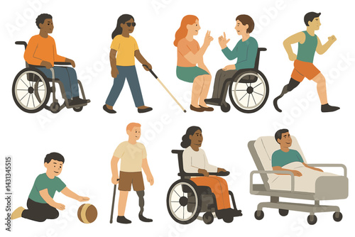 Icon set depicting diverse individuals with various abilities engaged in different activities