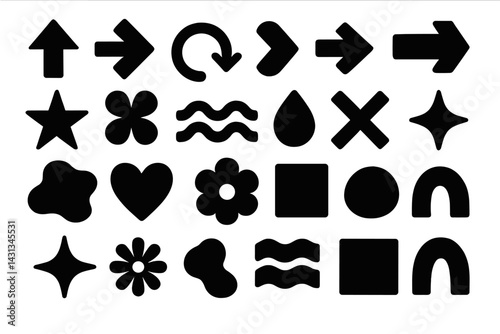 Collection of diverse black icon shapes arranged in a grid for graphic design and creative projects