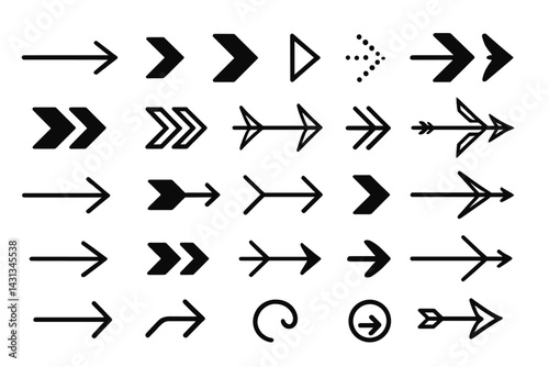 Diverse set of black arrow icons designed for use in various digital graphics and user interfaces