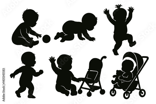 Fun and playful icon set featuring diverse baby activities and expressions