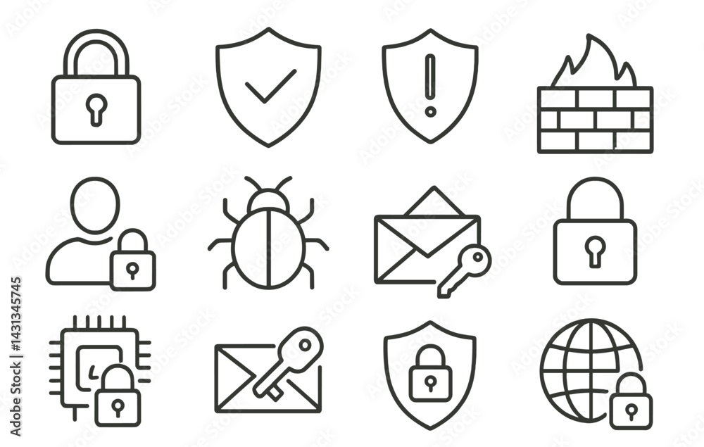 Icon set featuring security symbols including locks, shields, and digital elements related to safety and cybersecurity Icon set featuring security symbols including locks, shields, and digital elements related to safety and cybersecurity