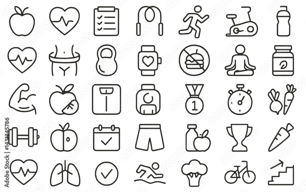 Collection of health and fitness icons representing various activities and wellness aspects for a balanced lifestyle Collection of health and fitness icons representing various activities and wellness aspects for a balanced lifestyle