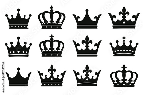 Various crown icons in black silhouette design showcasing different styles and details for creative usage
