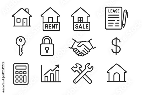 Icon set depicting essential real estate activities including renting, selling, leasing, and financial management in a clean, minimal style