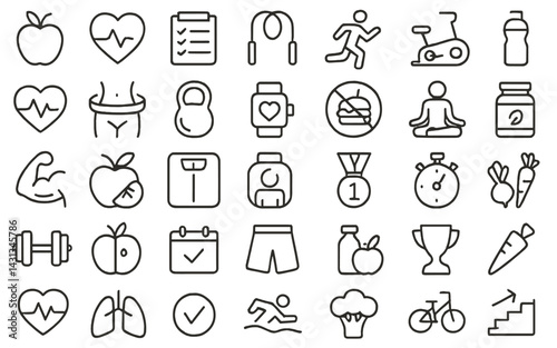 Collection of health and fitness icons representing various activities and wellness aspects for a balanced lifestyle