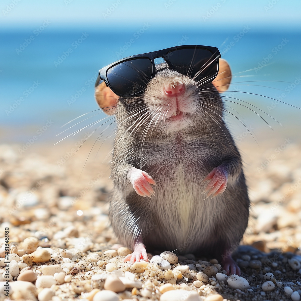 Uma imagem criativa de um rato com óculos escuros na praia, representando um conceito divertido e futurista de IA. A cena traz um contraste entre natureza e tecnologia