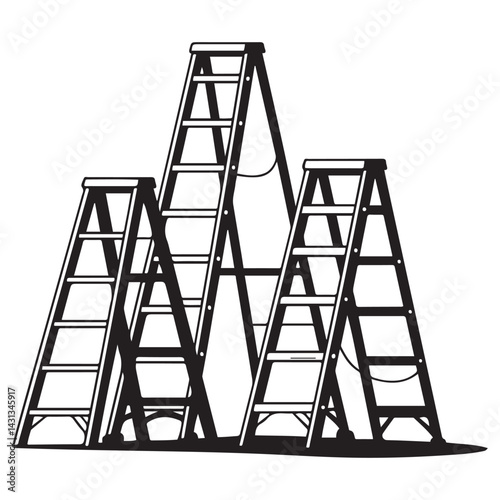 Collection of metal ladders. Different types of stepladders. Flat Vector Black silhouettes. with white background