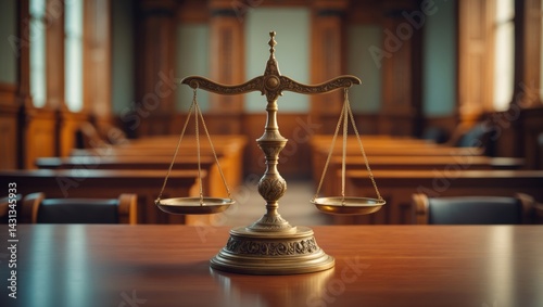An elegant golden balance scale placed on a polished wooden table in an empty courtroom, emblematic of justice and law