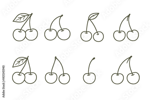 Collection of hand-drawn cherry icons showing various styles and arrangements suitable for design purposes
