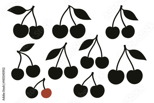 Cherry icon set featuring various styles and arrangements of cherries with distinct shapes and colors