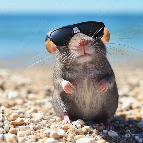 Obraz na płótnie Uma imagem criativa de um rato com óculos escuros na praia, representando um conceito divertido e futurista de IA. A cena traz um contraste entre natureza e tecnologia w salonie