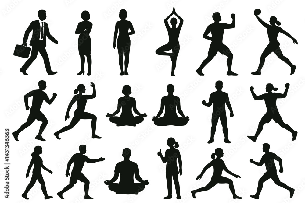 Collection of diverse human silhouettes showcasing various activities and professions in a modern design Collection of diverse human silhouettes showcasing various activities and professions in a modern design