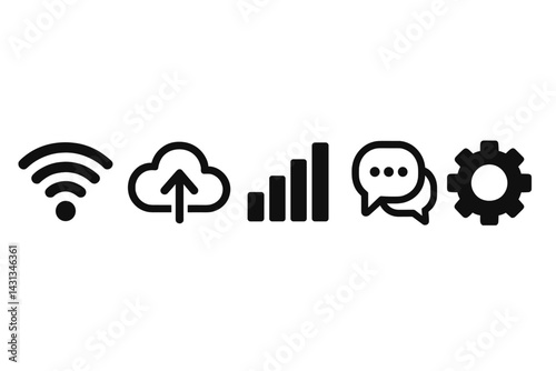 Icon set depicting common digital symbols for connectivity, communication, and settings