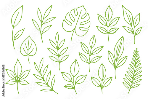 Stylized green line art icon set featuring various leaf designs for nature-themed projects or illustrations