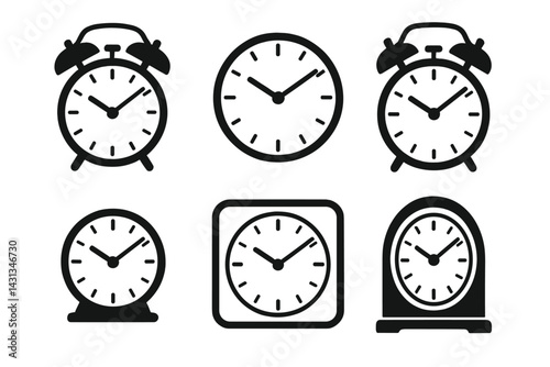 Collection of various alarm clock icons showcasing different styles and designs in a minimalist layout